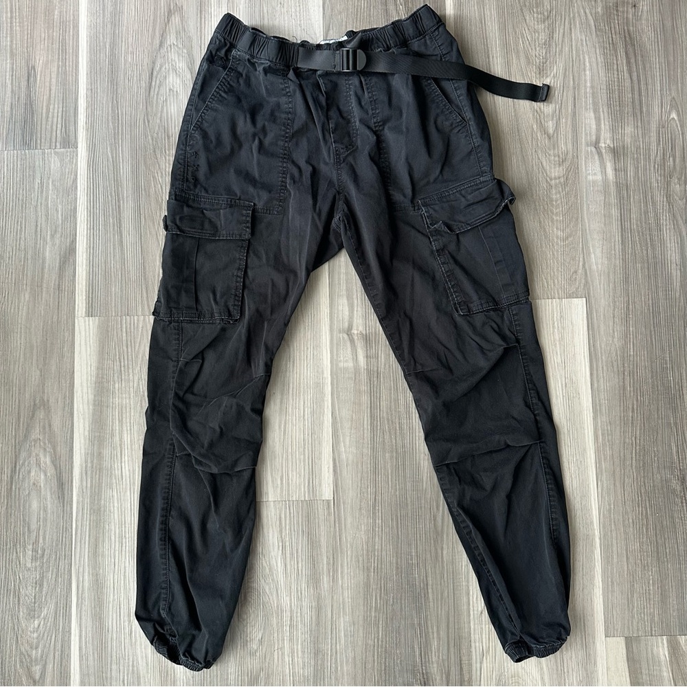 Kuwalla - Mens Black Cargo Jogger Pants with Built-In Belt